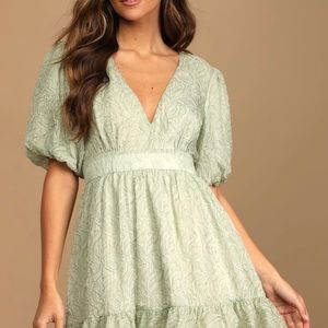 Romantic Waltz Sage Green Organza Puff Sleeve Mini Dress